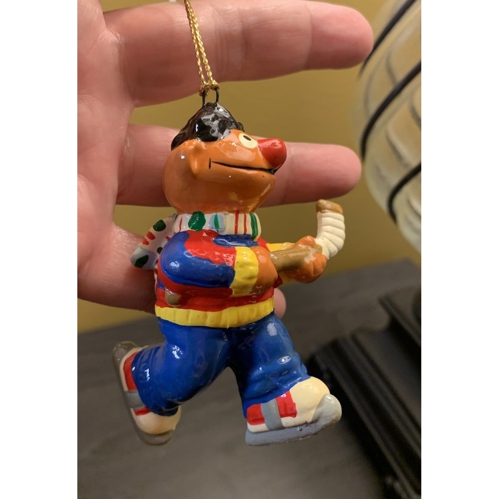 Sesame Street Ernie Hockey Christmas Ornament VTG Ceramic Hand Painted Taiwan